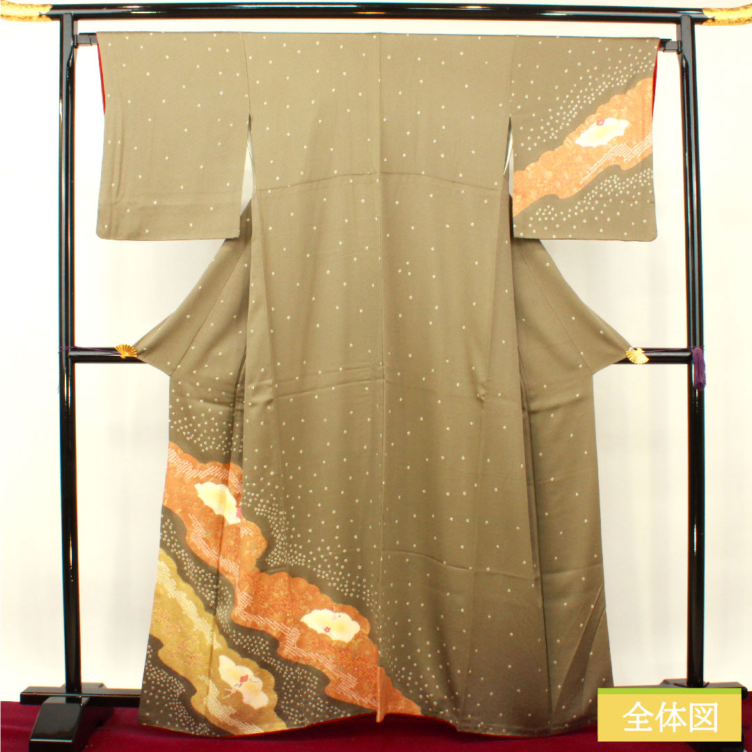 Homongi, pure silk, lined, length 162.5cm, sleeve length 66.5cm, sand color, embroidery, partial tie-dyeing, super bell guard, S rank, gray, 1112003632422