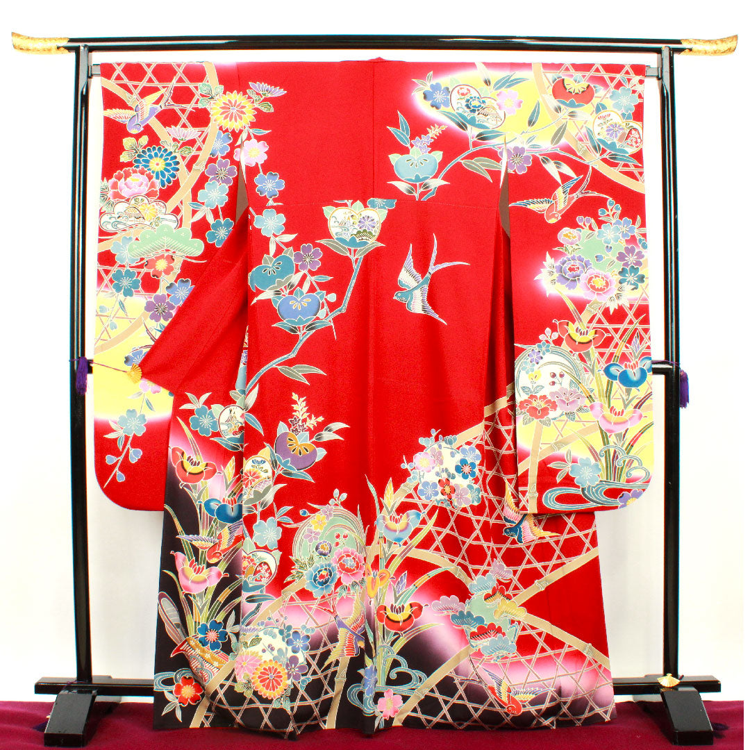 振袖 身丈168cm 裄丈68.5cm 袷 生臙脂色 京紅型 作家物 正絹 Sランク 赤系 1113001222512