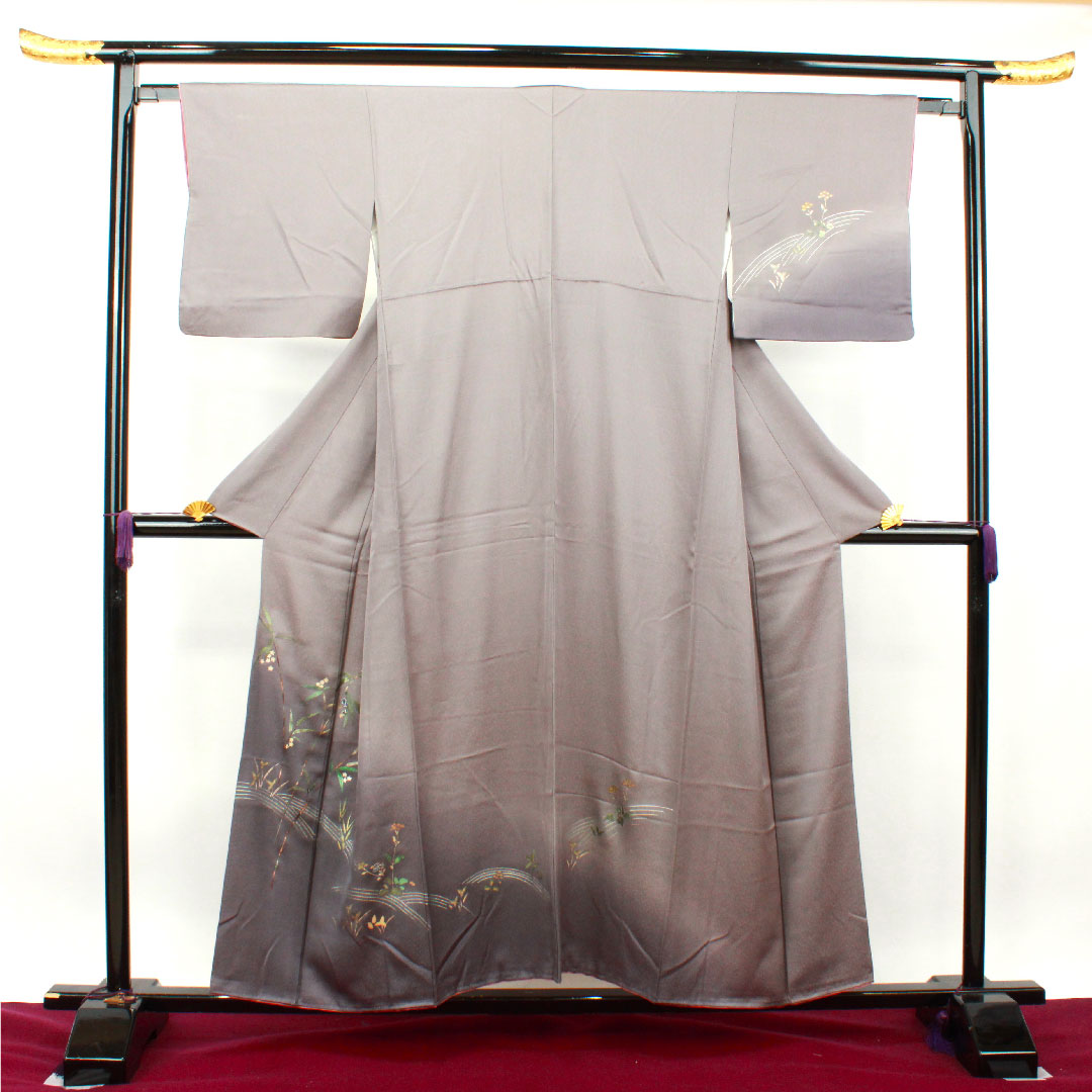 Homongi, pure silk, lined, length 156cm, sleeve length 63cm, tin color, gold leaf finish, floral pattern, S rank, gray, 1112002942322