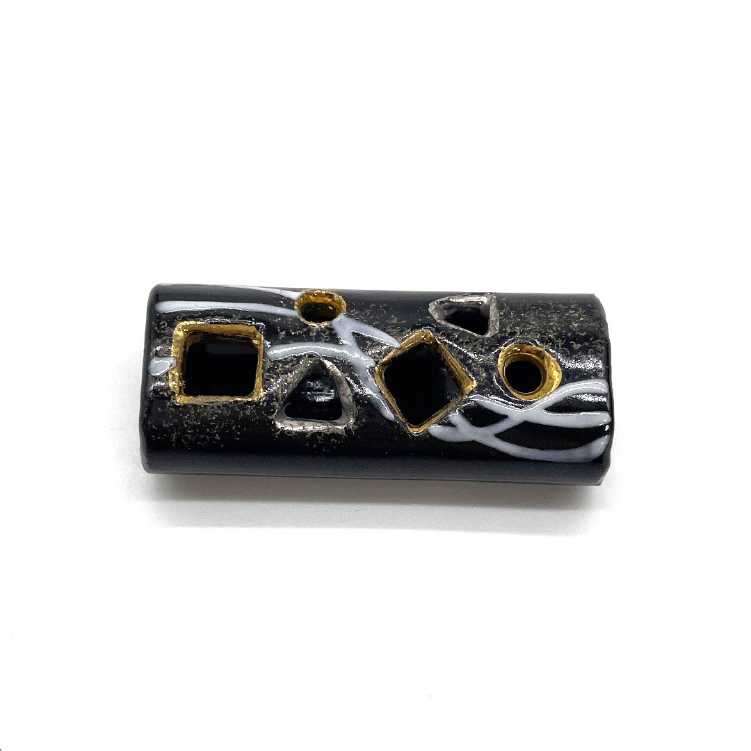 (新古品) 帯留め 陶磁器 カジュアル 黒色(くろいろ) 京焼 幾何学模様 丸三角四角 長さ約2cm 幅約5cm Sランク 黒系 1137000612910