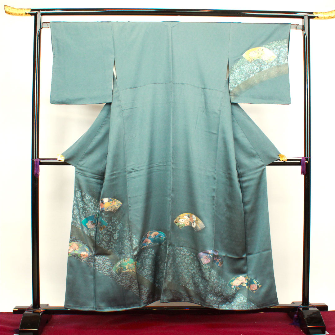 訪問着 袷 身丈154.5cm 裄丈66cm 錆納戸色 金彩加工 扇面 吉祥文様 正絹 Sランク 青系 1112002682217