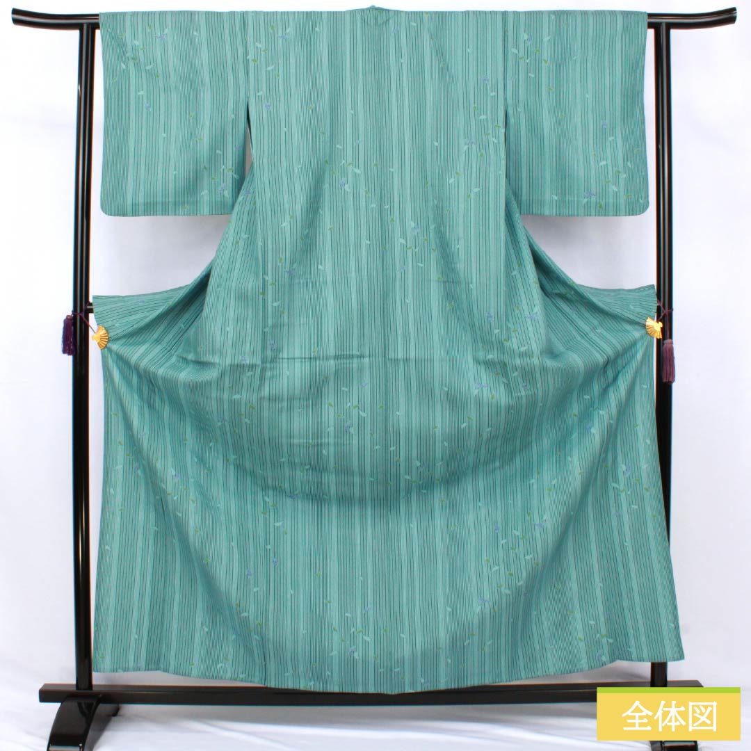 Polyester Komon A rank, length 164cm, sleeve to sleeve 63cm, unlined, Hanarokushō-iro, stencil-dyed, stripes, flower petals, with hip reinforcement, green-toned 1115007863419
