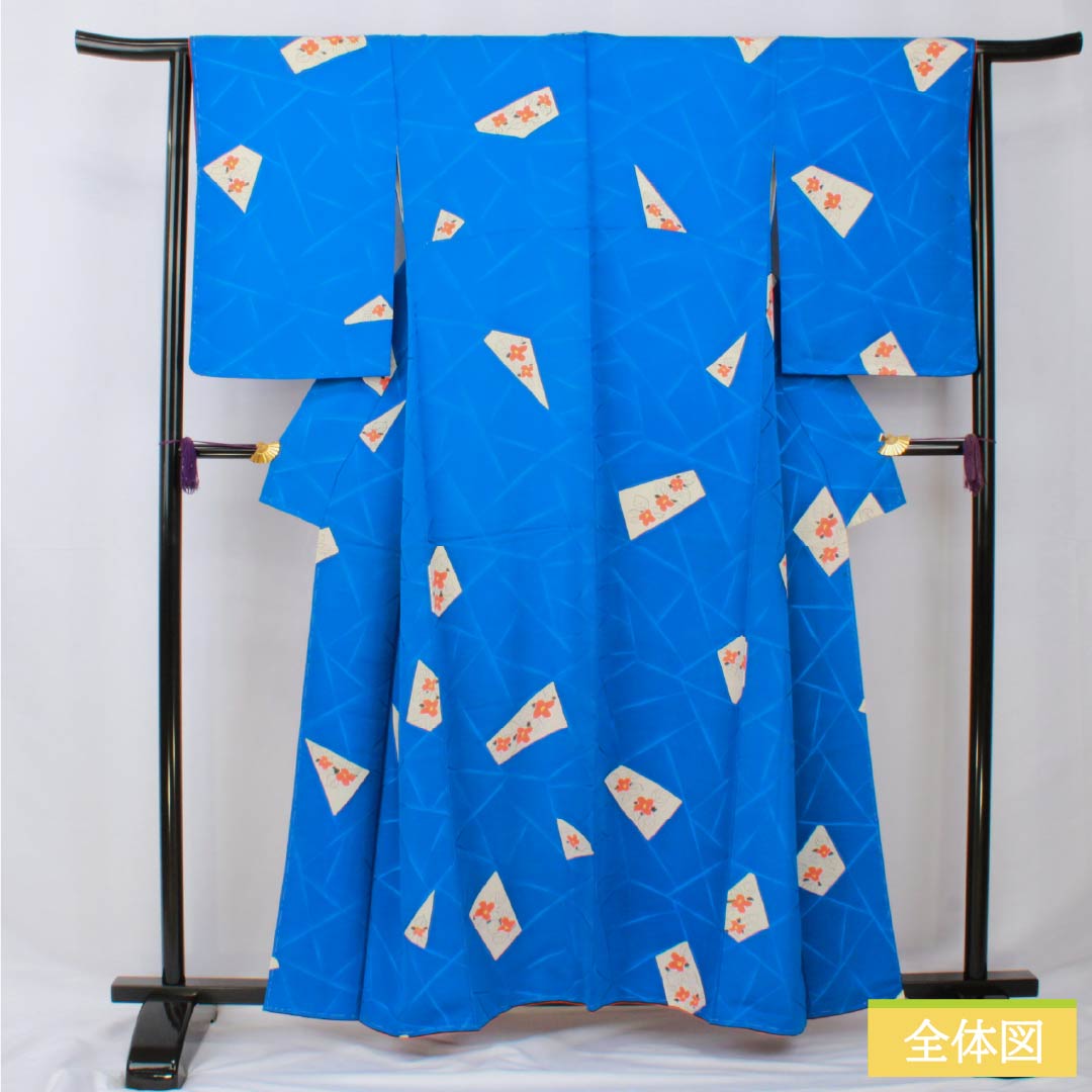 Komon, pure silk, length 159cm, sleeve length 64.5cm, lined, gold and blue pearl color, Kyoto Yuzen, split pattern, flower pattern, with basting thread, A rank, blue, 1115005753317