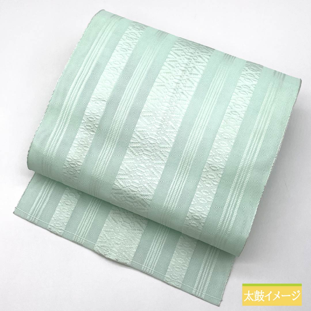 名古屋帯 ポリエステル 薄浅葱色(うすあさぎいろ) 夏帯 献上柄 帯丈358cm Sランク 全通 カジュアル 緑系 1124006722319 松葉仕立て