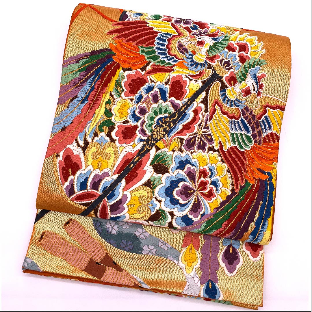 Persimmon-colored Fukuro Obi (Bag Belt) with Phoenix and Drum, Shirayaen Oba, Length 426cm, Pure Silk, A-Rank, Six-pass, Formal, Orange, 1123009763326