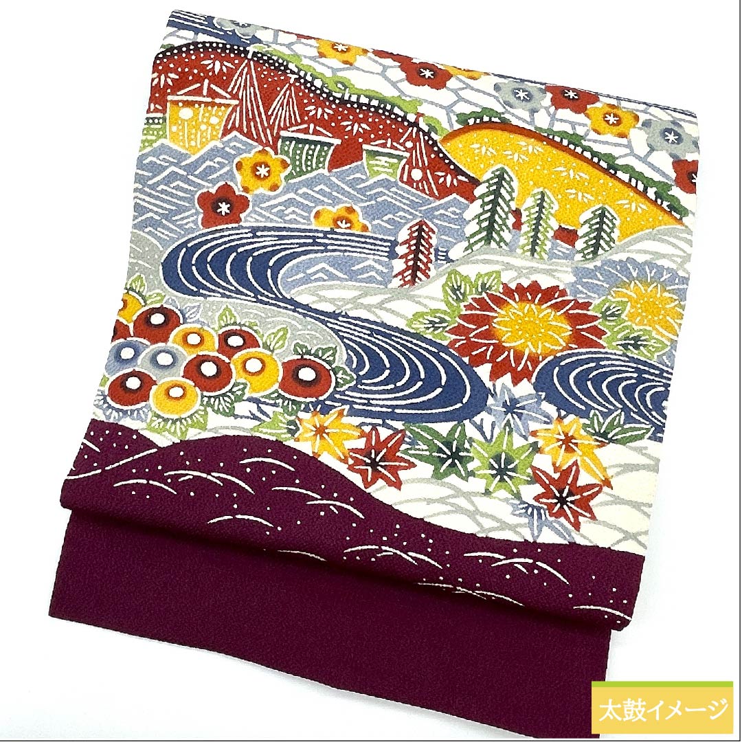 Nagoya obi, grape color, Kyoto Bingata, classic pattern, flowers, flowing water, autumn leaves, obi length 345cm, pure silk, S rank, point pattern, casual, purple, 1124005302320, Nagoya tailoring