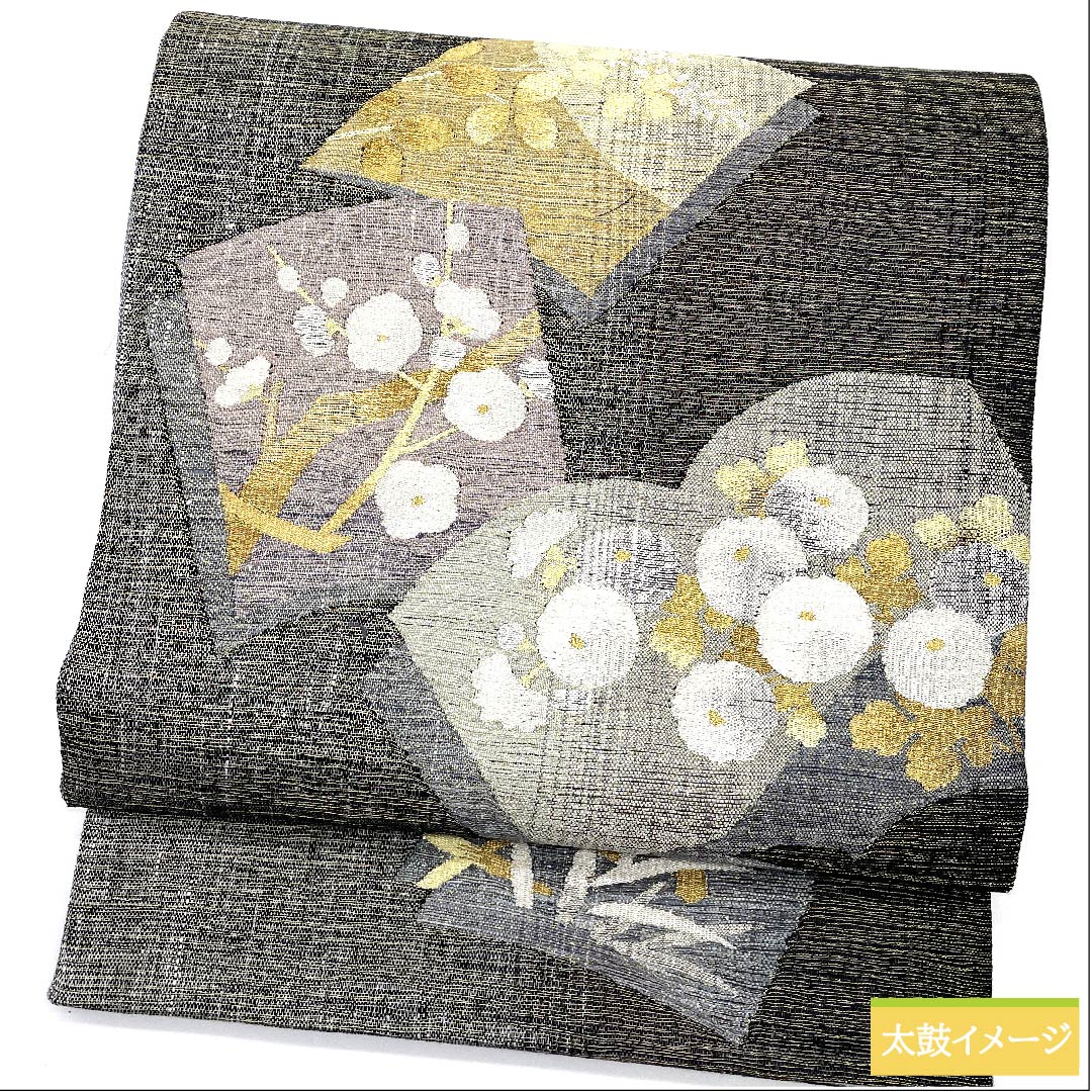 Fukuro Obi Black Tile Bellflower Dew Grass Marigold Obi Length 448cm Pure Silk S Rank Six-way Formal Black 1123010742310