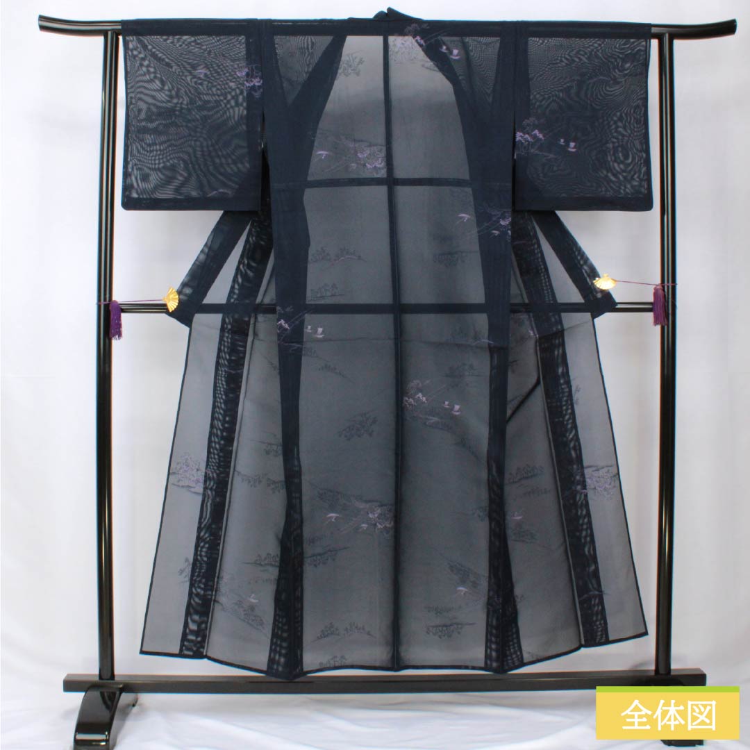 Summer kimono, polyester, small pattern, length 153.5cm, sleeve length 61.5cm, landscape pattern, washable, gauze, rank A, navy blue, 1132002363218