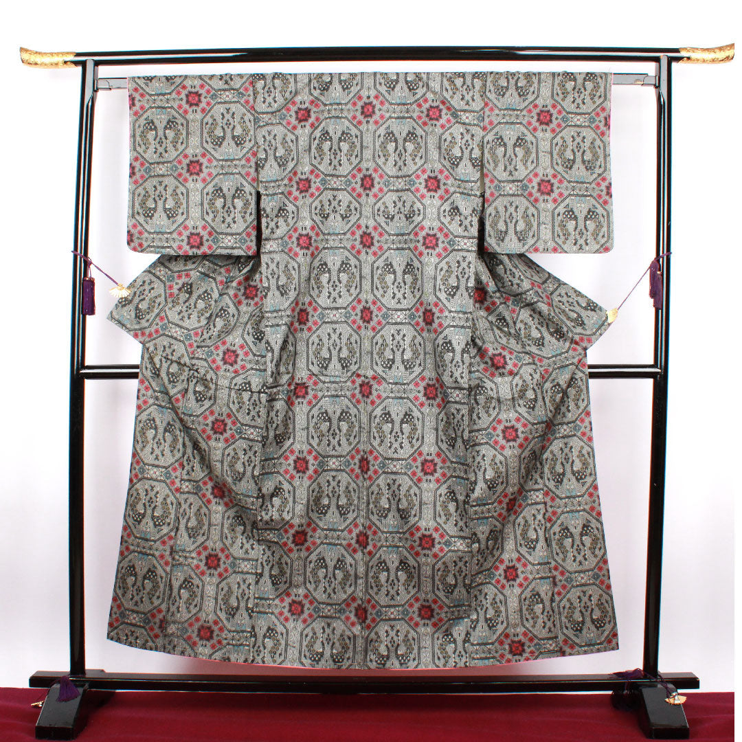Murayama Oshima Length 155.5cm Sleeve length 60cm Greyish yellow green Geometric pattern Pure silk S rank Awase Grey 1116001752322