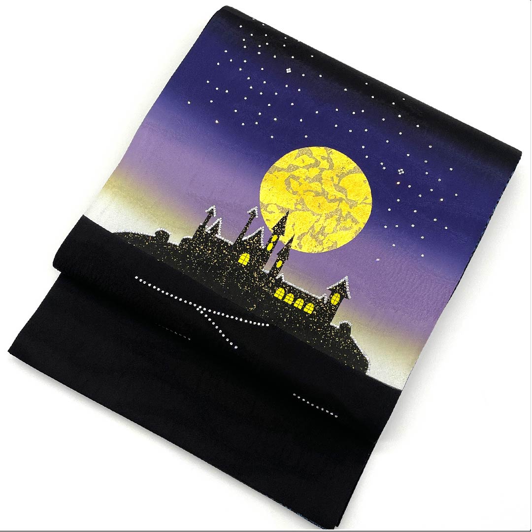 Fukuro Obi Black Full Moon Castle SALAMU Obi Length 446cm Pure Silk S Rank Point Pattern Casual Black 1123007902310