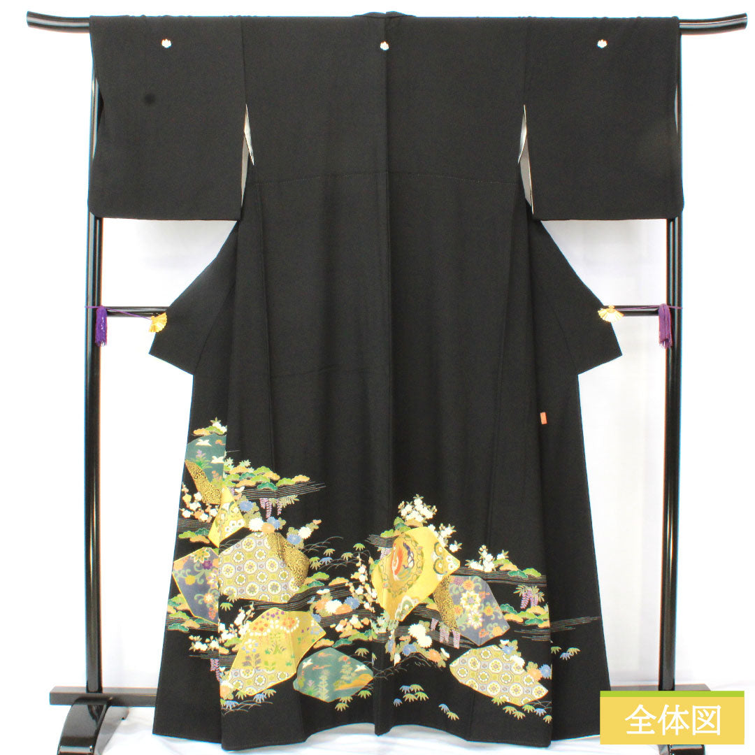 黒留袖 正絹 身丈162cm 裄丈68cm 袷 京友禅 割付文様 鳳凰 五つ紋 五三桐 Aランク 黒系 1111001733410