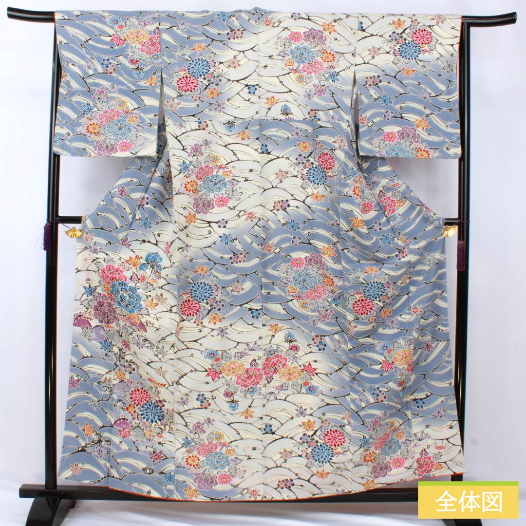 Visiting Kimono, Pure Silk, Grade A, Lined, Length 158cm, Sleeve Length 65cm, Navy Blue, Kyoto Bingata Flower Design, Blue Basting Thread Included, Product Number: 1112007023317