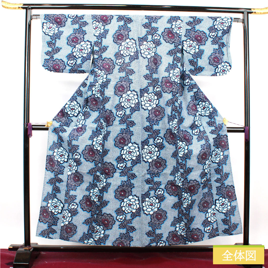 Yukata Cotton Length 156cm Sleeve length 65.5cm S rank Single layer Navy Deep navy Ripple Peony 1118004642318