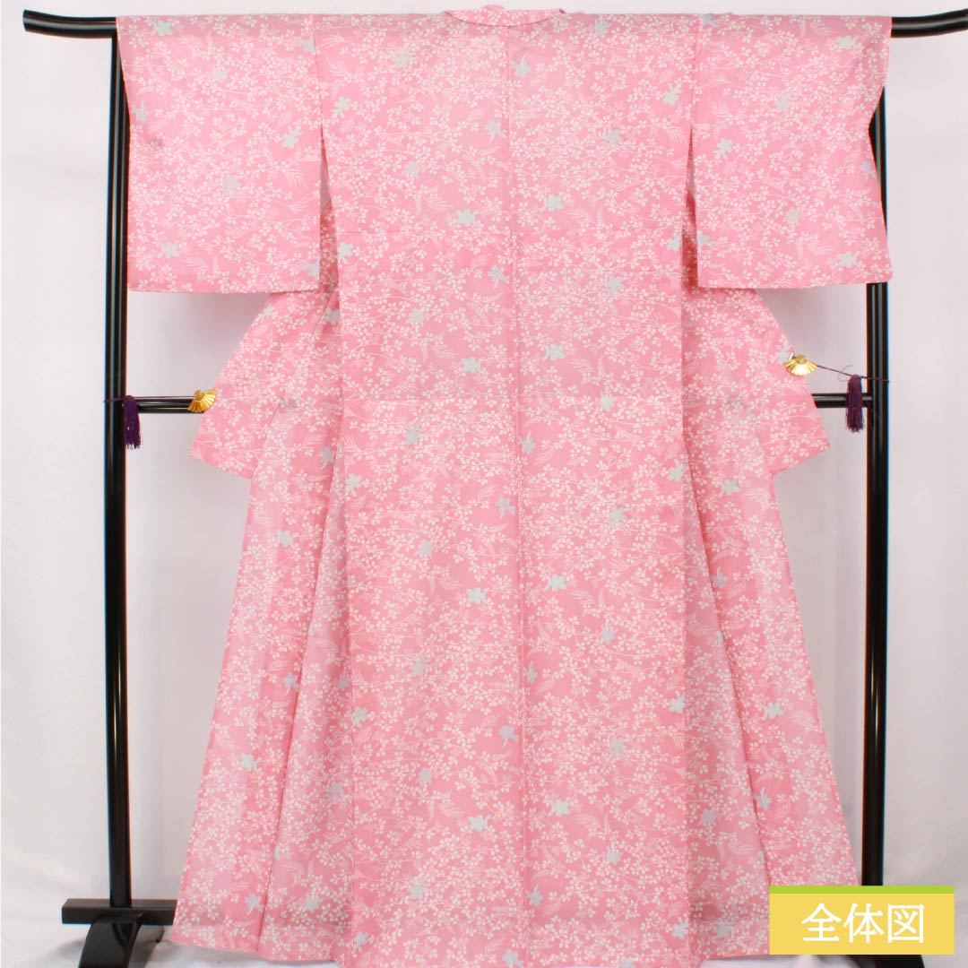 Summer kimono, polyester, small pattern, length 166.5cm, sleeve length 68.5cm, medium crimson flower color (nakano kurenai iro), plant pattern, lining, washable, pink, S rank, ro, 1132002622513