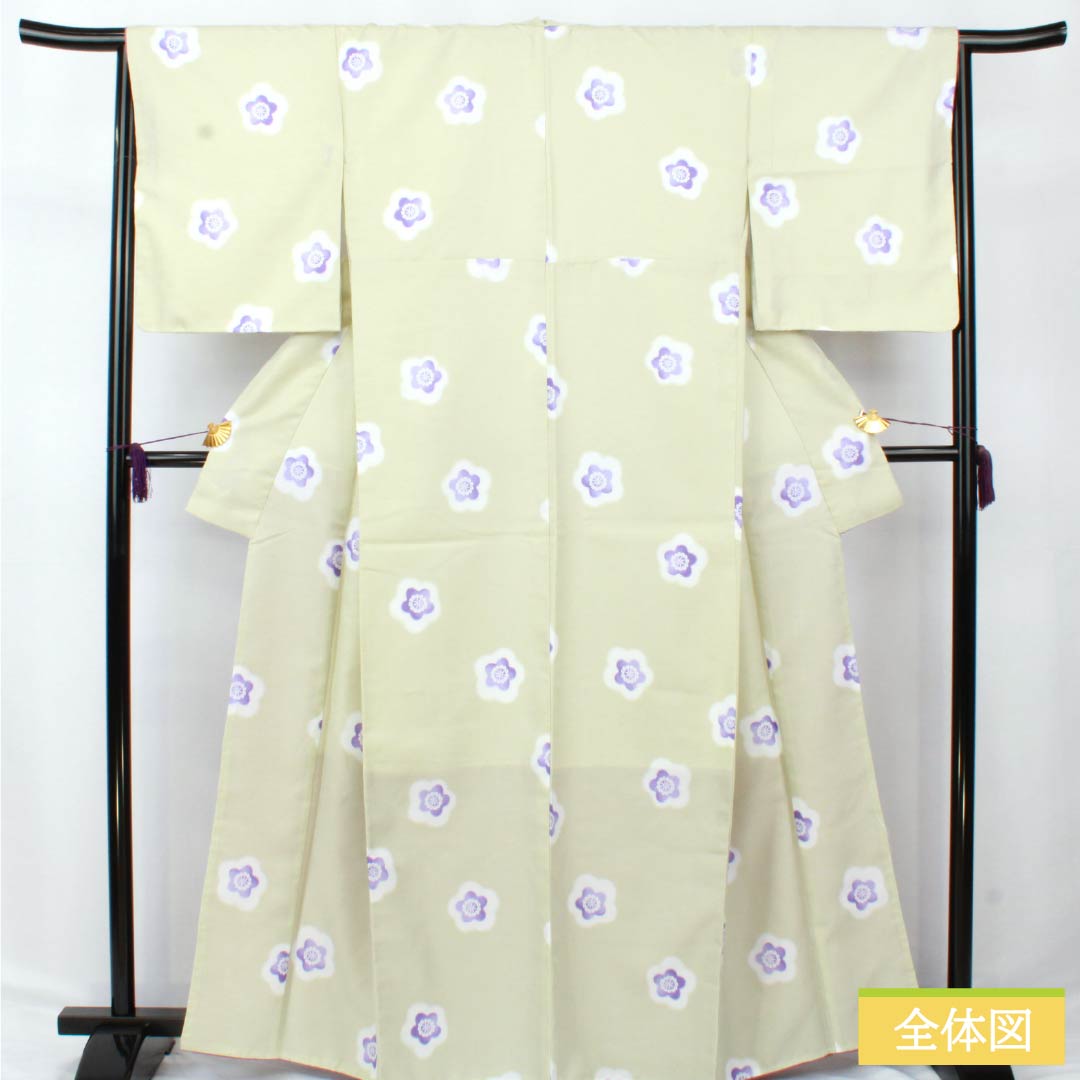 Komon (small pattern) kimono, polyester, rank A, length 165cm, sleeve length 66cm, lined, sulfur-colored (iou-iro) floral pattern, with basting thread, washable, green, 1115007023519