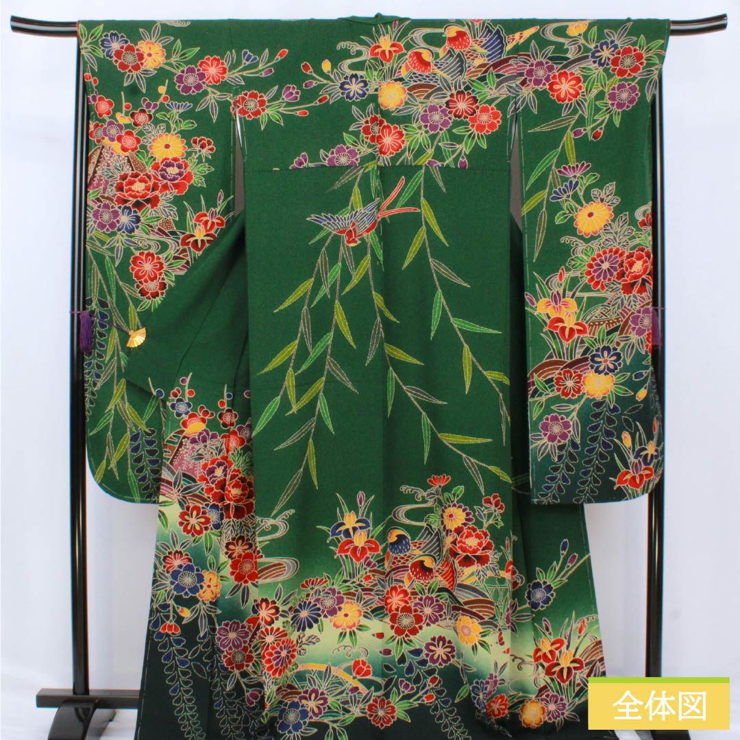 振袖 正絹 Sランク 身丈168.5cm 裄丈68cm 袷 天鵞絨色(びろうどいろ) 京紅型 吉祥文様 桜 おしどり 藤 緑系 1113002292519