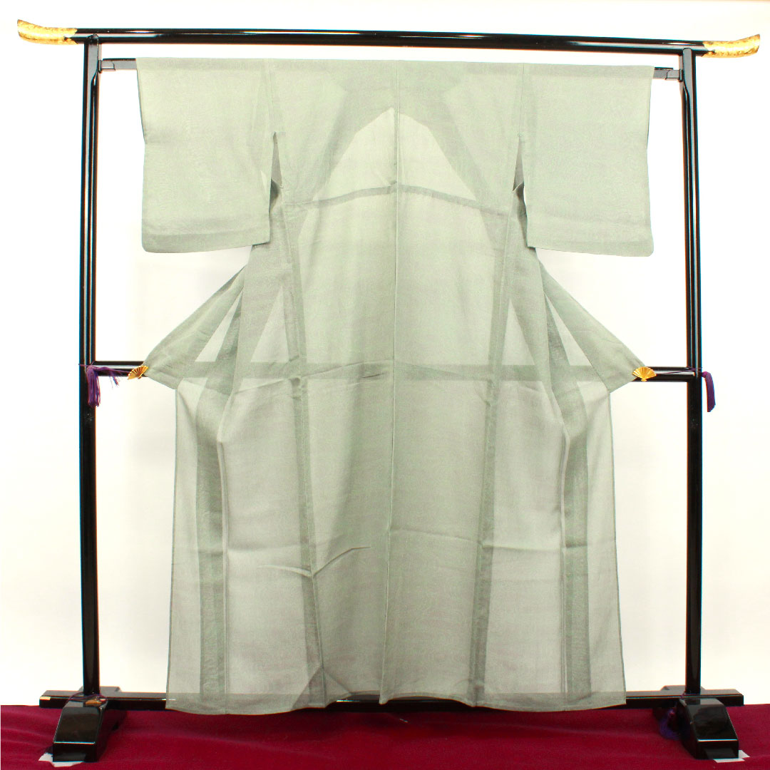 Summer pure silk tsumugi Length 159cm Sleeve length 62cm White-green color Geometric pattern Gauze S rank Green 1132001772319