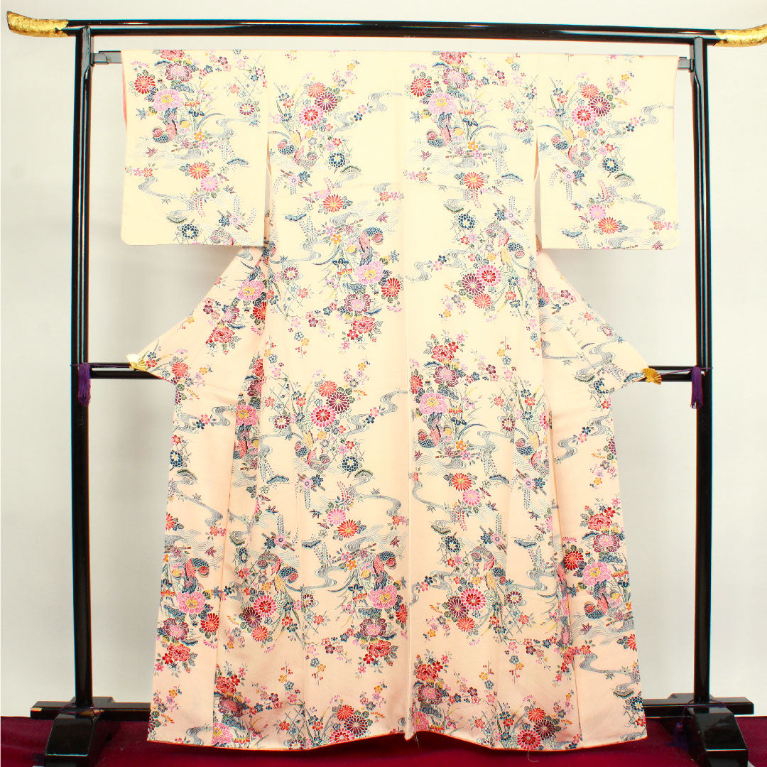 小紋 身丈163cm 裄丈66cm 袷 しつけ糸付き 未使用品 薄橙色 京紅型 吉祥文様 鴛鴦 正絹 Sランク ピンク系 1115003452413