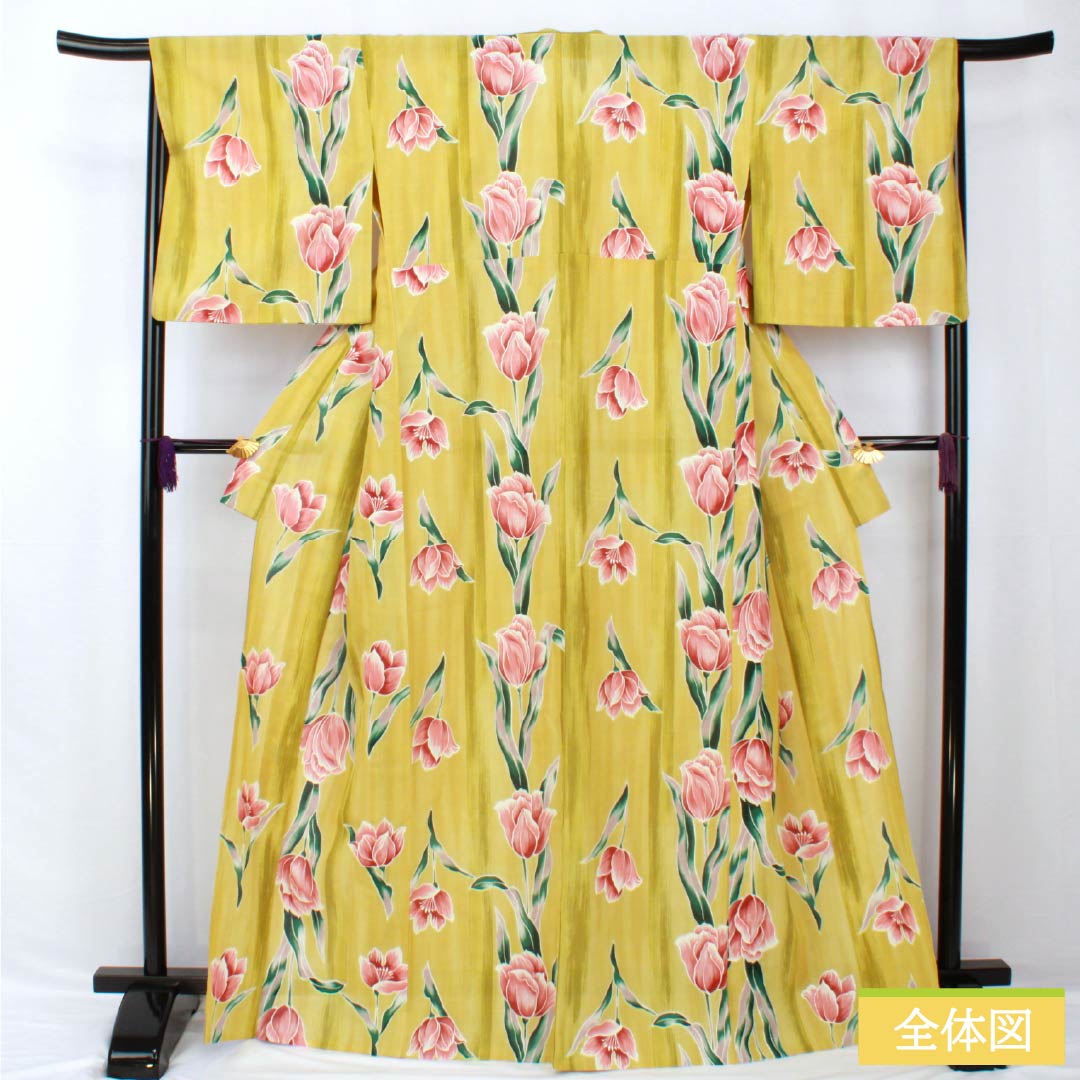 Yukata Polyester Length 167cm Sleeve length 66.5cm S rank Single layer Yellowish yellow (sekkouiro) Tulip 1118005552523