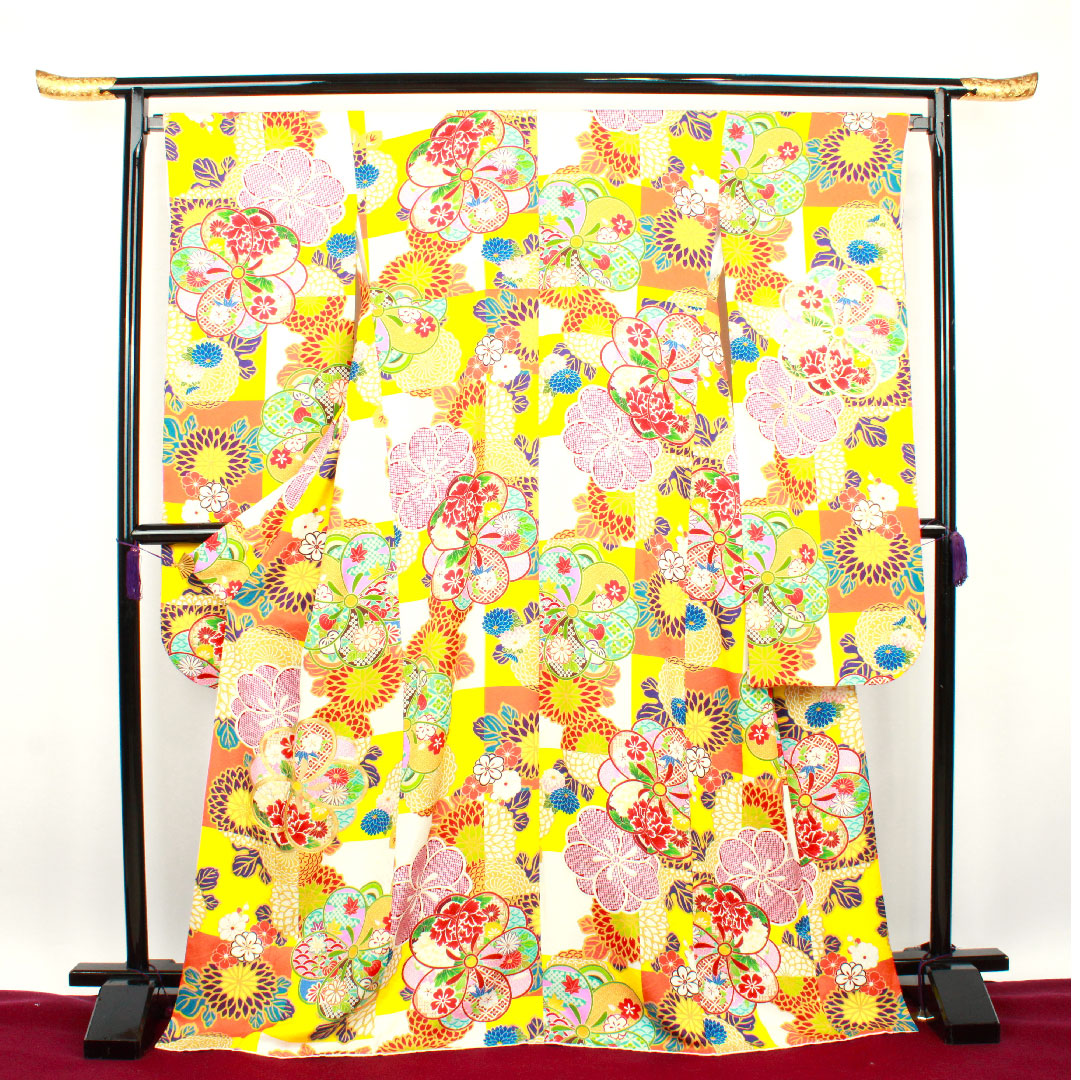 振袖 身丈171.5cm 裄丈68cm 袷 菊 市松 正絹 Sランク グラデ 1113000932699
