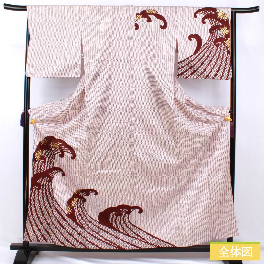 Homongi (visiting kimono), polyester, grade A, single layer, length 162cm, sleeve length 66.5cm, mokuranjiki (mokuran-jiki) pattern with wave design, shippo (cloisonne) pattern, with half-collar, washable, red, product number 1112006963412