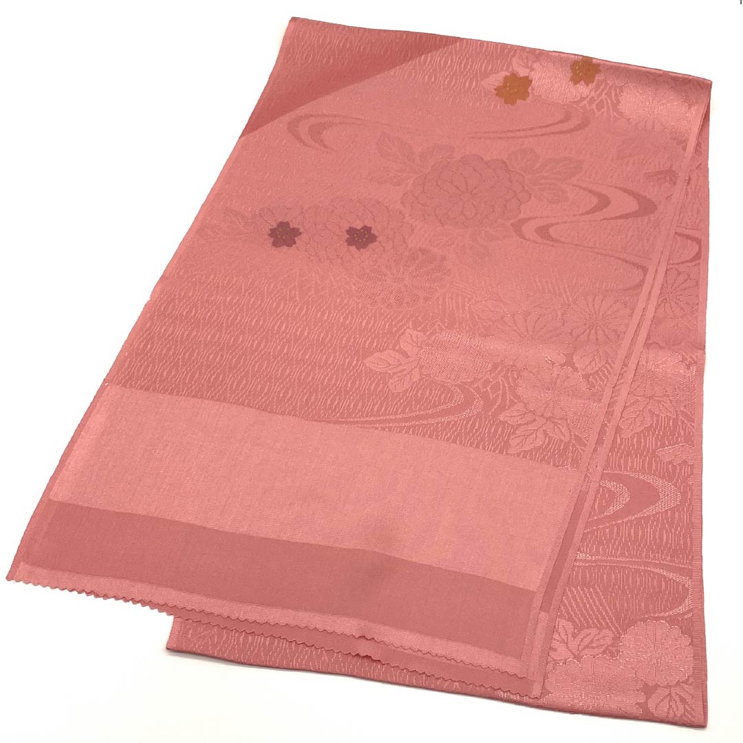 (New old stock) Formal obiage, pure silk, light crimson, cherry blossom, chrysanthemum, running water, length 174cm, width 30cm, S rank, pink, 1136000232913