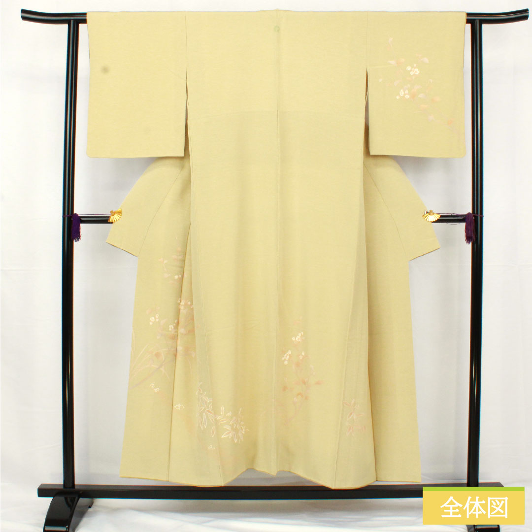 訪問着 正絹 袷 身丈151cm 裄丈61cm 硫黄色)いおういろ) 京友禅 草花模様 一つ紋 三ツ割藤 Aランク 緑系 1112005593219