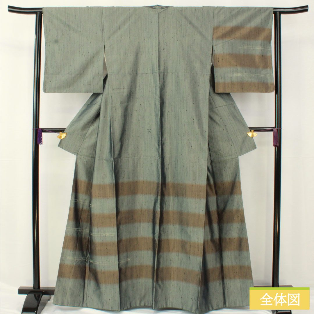 Homongi, pure silk, lined, length 163.5cm, sleeve length 63.5cm, Fukagawa gray, pongee fabric, abstract pattern, S rank, green, 1112005872419