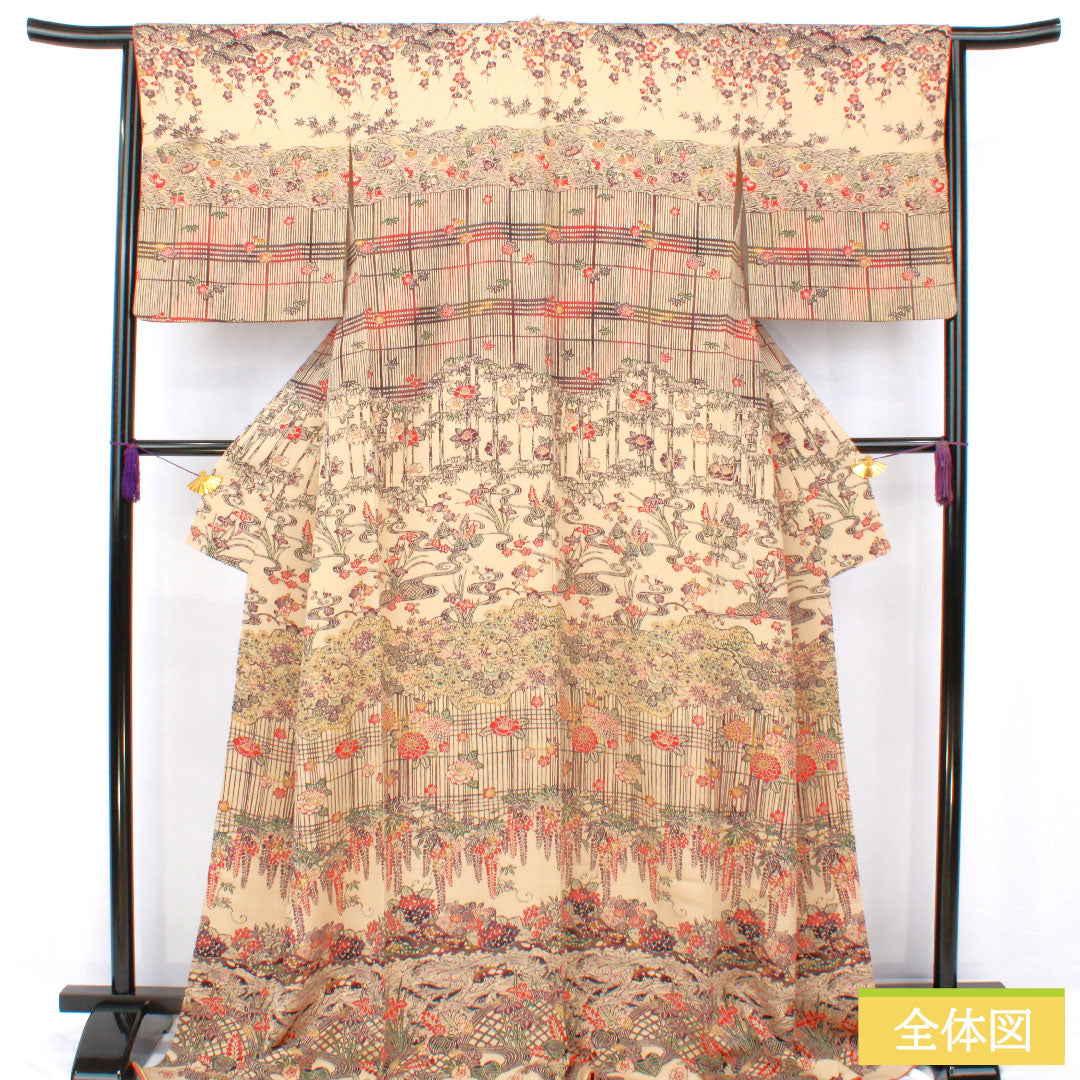 Homongi, pure silk, lined, length 172cm, sleeve length 64.5cm, pine dyed, Kyoto Bingata, auspicious motif, Silfine processing, crepe fabric, S rank, beige, 1112005982625