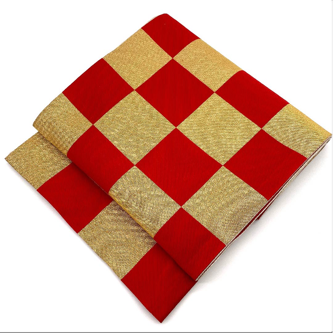 Gold-colored Fukuro Obi for Furisode, Checkered, Length 440cm, Pure Silk, S-Rank, Six-way, Formal, Gold-based, 1123006222321