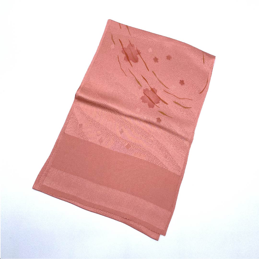 (New old stock) Formal obiage, pure silk, coral color, cherry blossom, new old stock, length 168cm, width 29cm, S rank, pink, 1136000182913