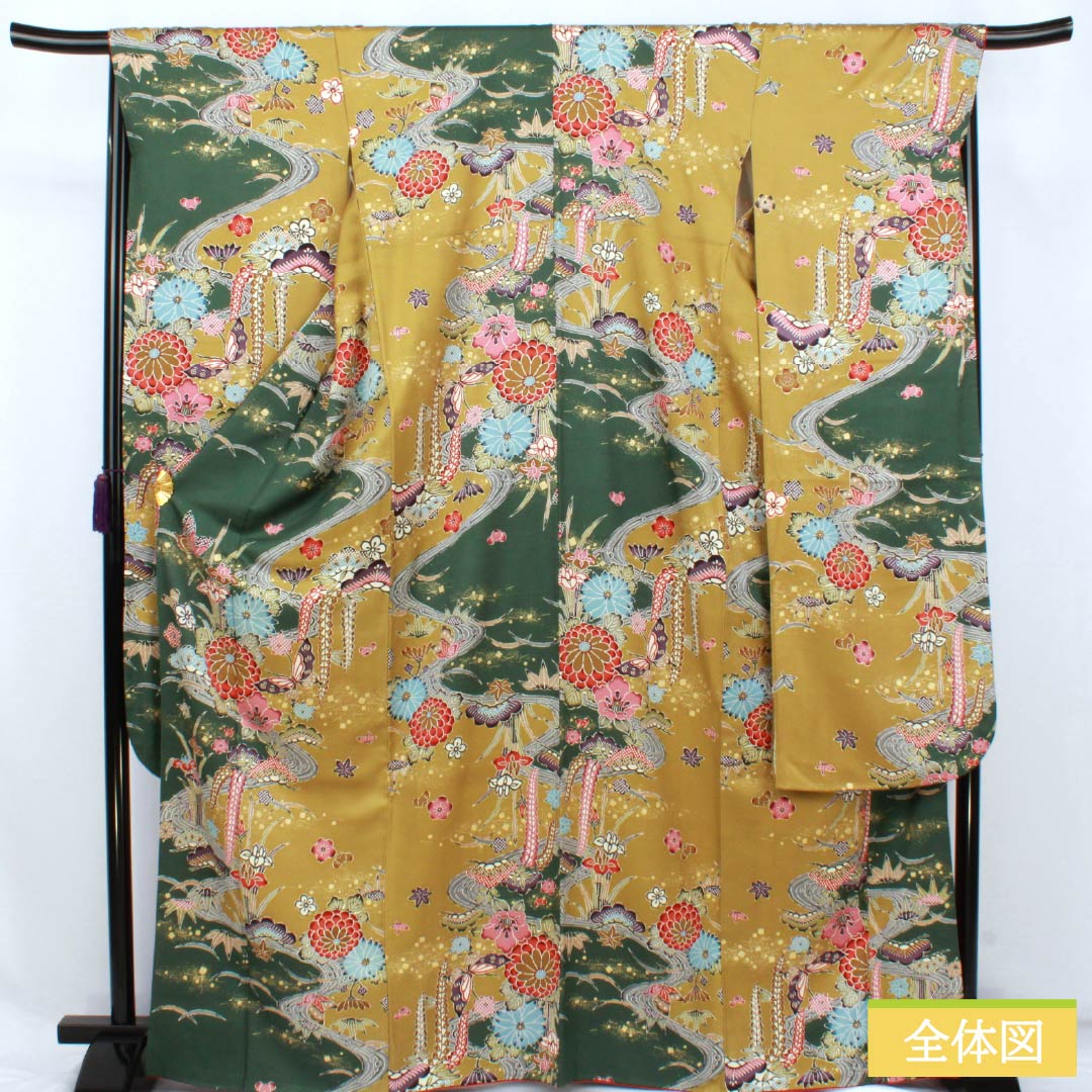 Furisode (long-sleeved kimono) made of pure silk, grade A, length 168cm, sleeve length 68cm, lined, rapeseed oil color (natane-aburairo), Kyoto Yuzen sash pattern, Keicho pattern, yellowish pongee fabric, product number 1113002523523