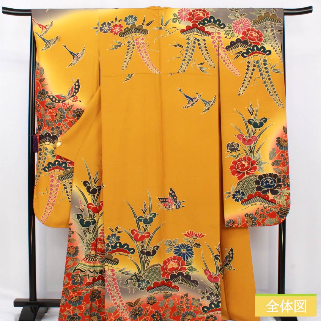 Furisode Pure Silk S Rank Length 164cm Sleeve-to-sleeve 67cm Lined Wheat-colored Kyoto Red Dye Auspicious Design Butterfly Pine Pearl Tone Processing Orange system 1113002332426
