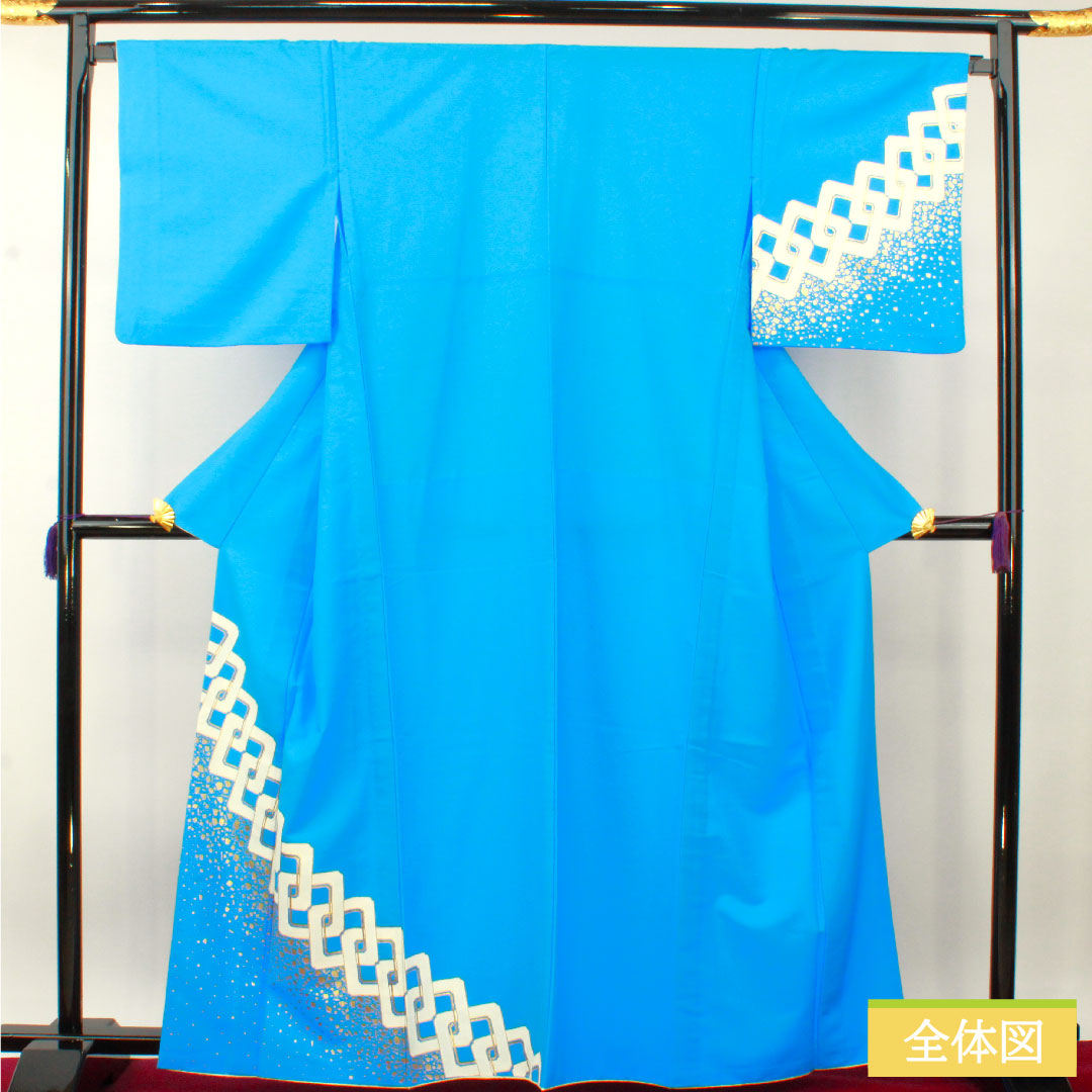 Homongi (formal kimono) made of polyester with a waistband, length 163.5cm, sleeve length 67.5cm, Tenshoku, washable kimono, Yoshihara Tsunagi, dance costume, tsukesage, S rank, blue, 1112004262417