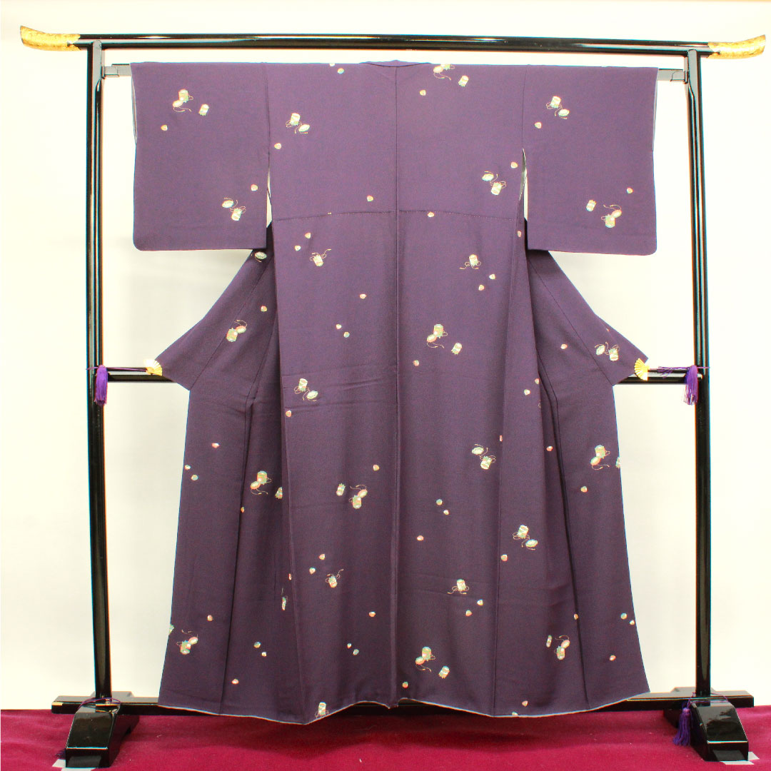 小紋 身丈156cm 裄丈65cm 袷 深紫色 貝桶 正絹 Aランク 紫系 1115003213320