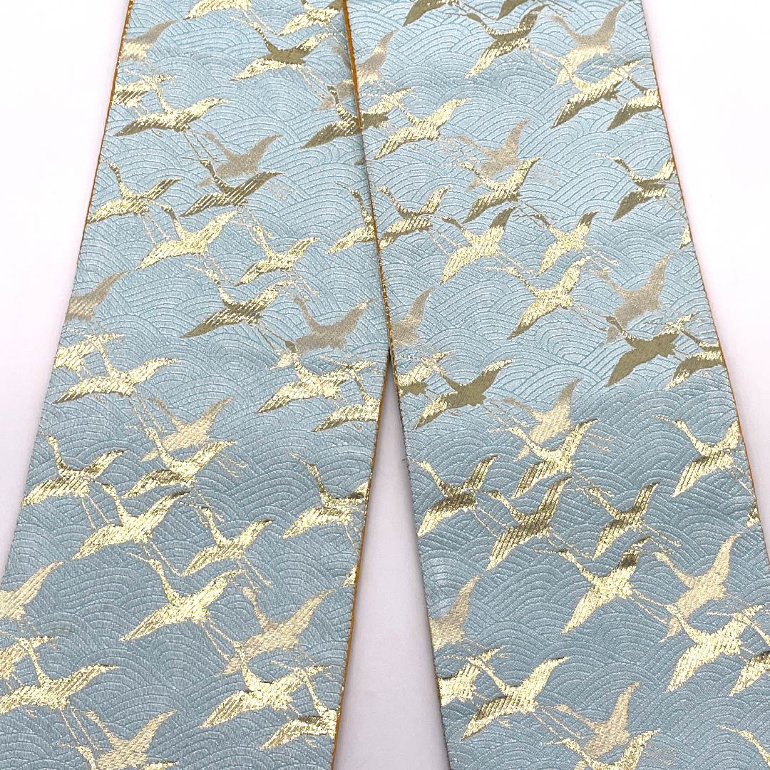 Half-width obi (obi), polyester, Kamenozoki (bottle-peeping) color, crane, Seigaiha (wave pattern), bundled noshi (noshi) design, reversible, length 344cm, light blue, rank S, product number 1125002072324
