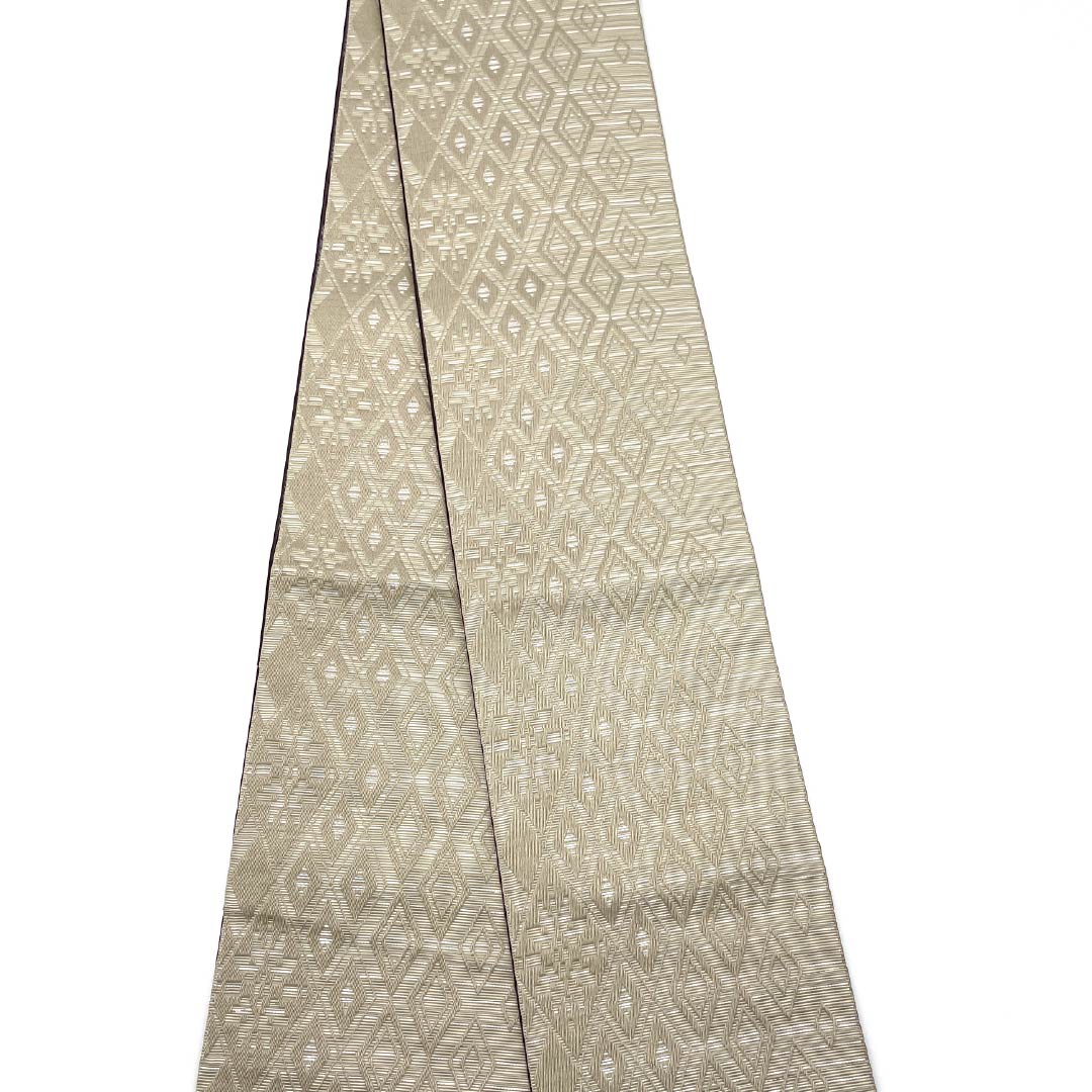 (New) Half-width obi, polyester, NEW rank, Furusare-iro (faded color) / Murasaki-tobi-iro (purple-brown), diamond-shaped abstract floral pattern, reversible, obi length 400cm, beige tones, 1125002801425
