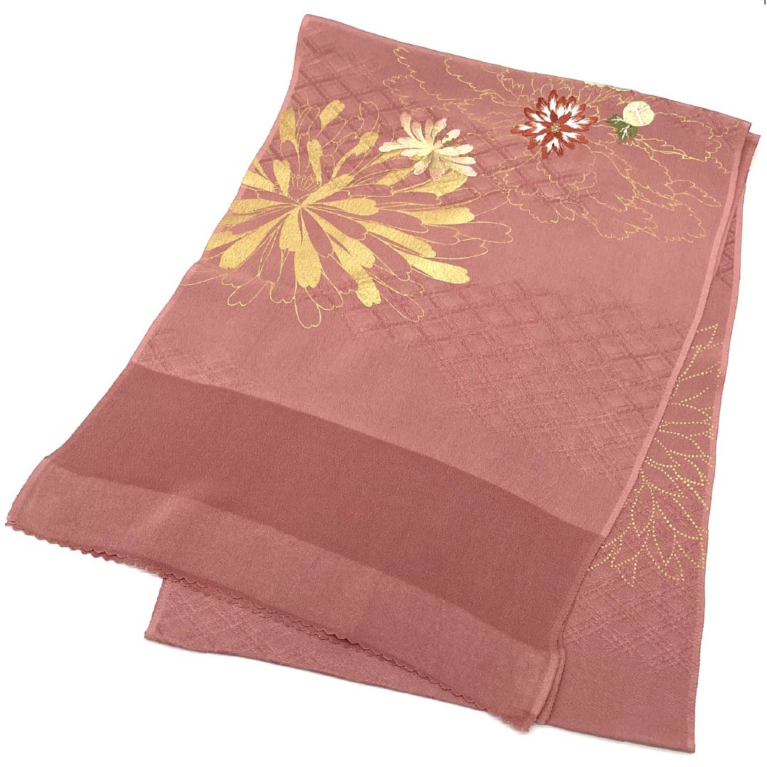(New old stock) Formal obiage, pure silk, light pink plum color, embroidered flowers, new old stock, length 162cm, width 30cm, S rank, pink, 1136000142913
