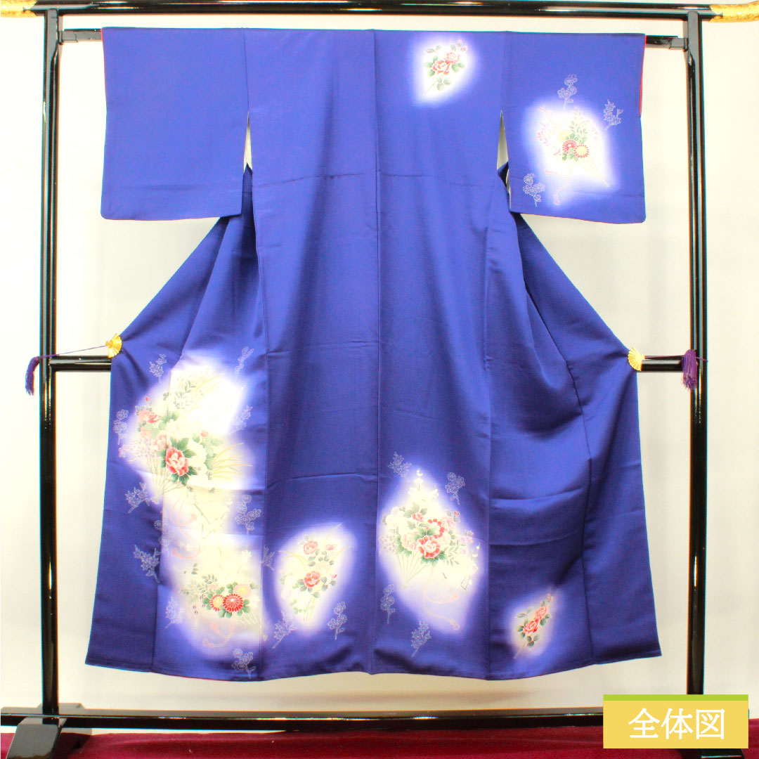 Homongi, pure silk, lined, length 150cm, sleeve length 62.5cm, blue-purple, floral pattern, fan, S rank, navy blue, 1112004202118