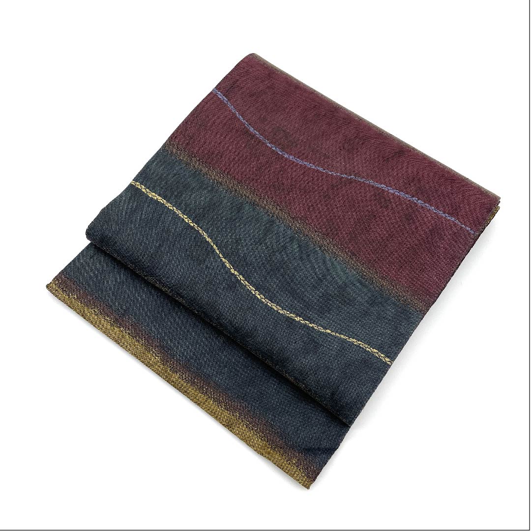 Fukuro Obi, Lacquer Foil, Horizontal Stripes, Line Pattern, Checkered, Length 440cm, Pure Silk, A Rank, Six-Ply, Casual, Gradient Style, 1123005563399
