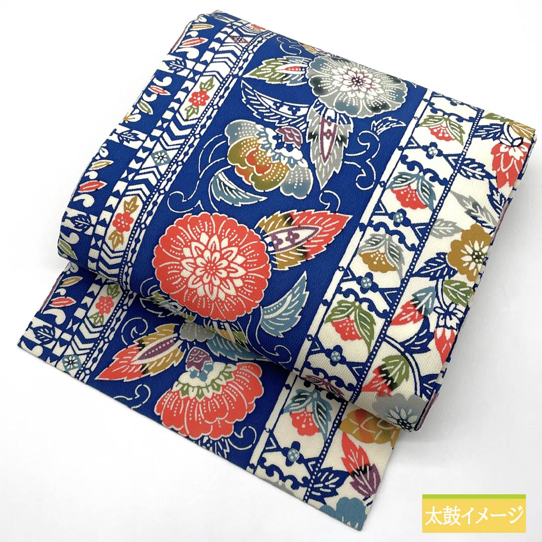 Nagoya obi, dark blue, Kyoto Bingata, floral arabesque, obi length 367cm, pure silk, S rank, full length, casual, blue, 1124006762317, Nagoya style