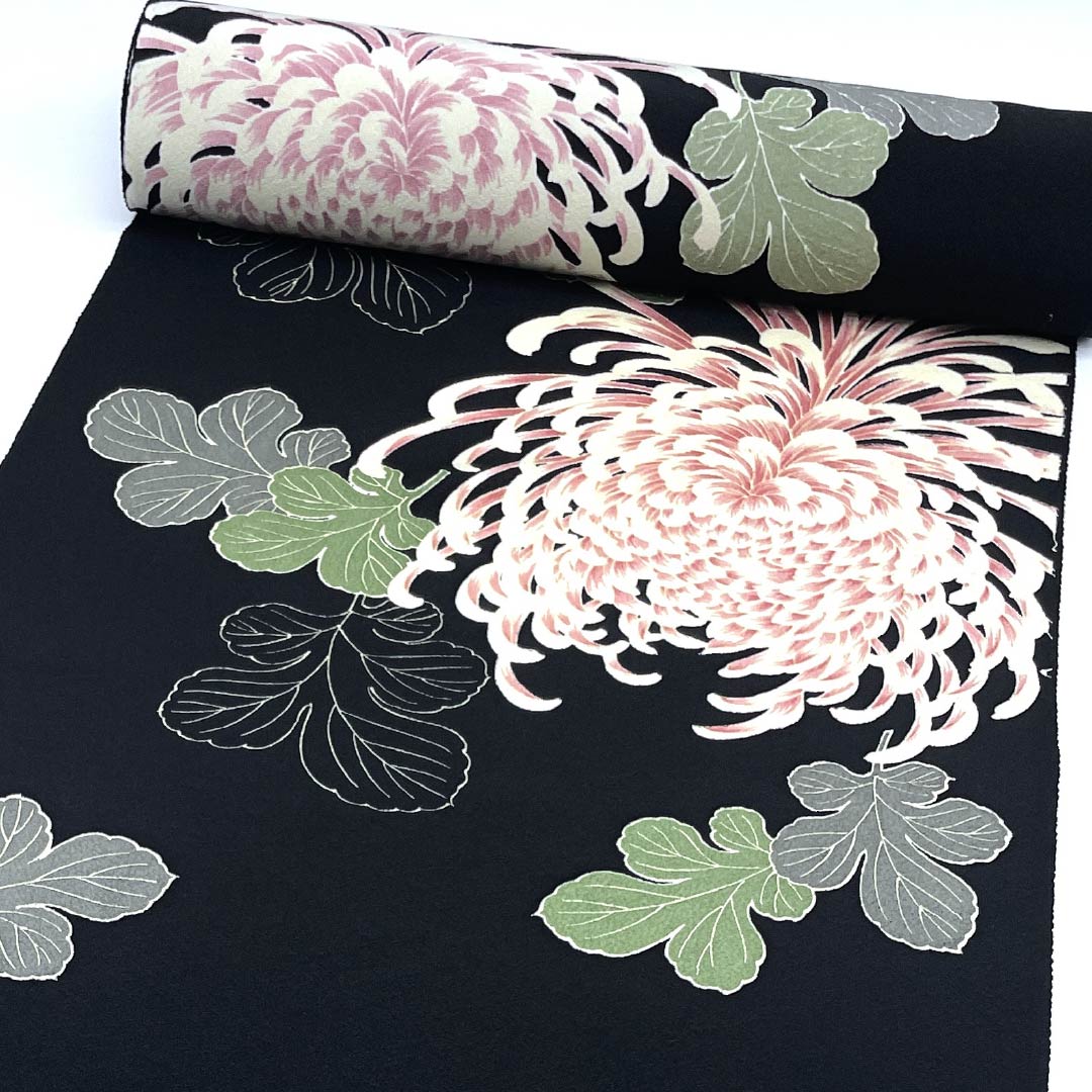 Fabric, Komon, Pure Silk, Black, Tango Chirimen, Chrysanthemum Thread, Floral Pattern, New Rank, Black, 1130001021910