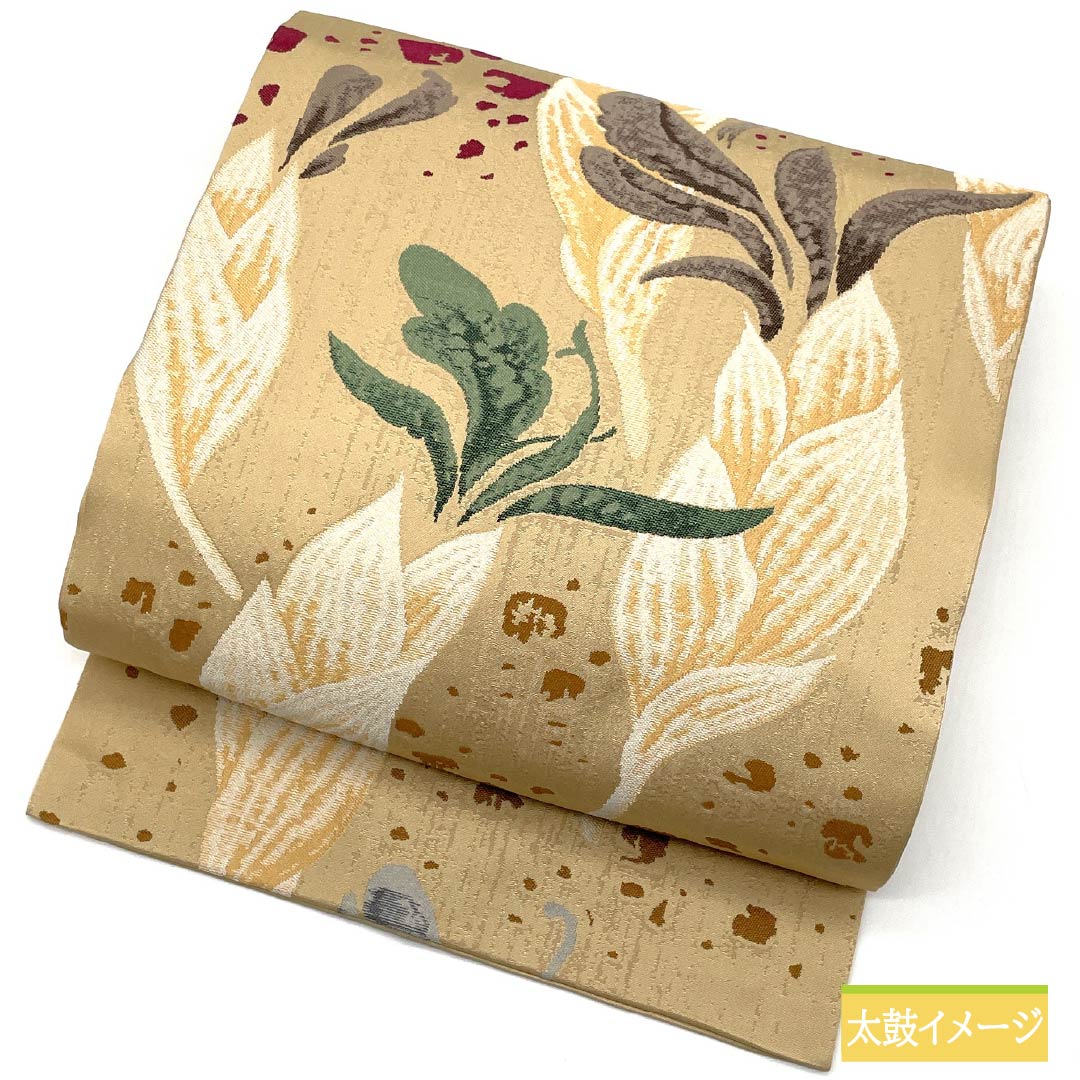Nagoya Obi, Tokyo White Brown (Shirachairo), Hakuryoen Oba, Abstract Floral Design, 364cm Long, Pure Silk, S-Rank, Full Length, Casual, Beige, Item Number: 1124007662325, Nagoya Style