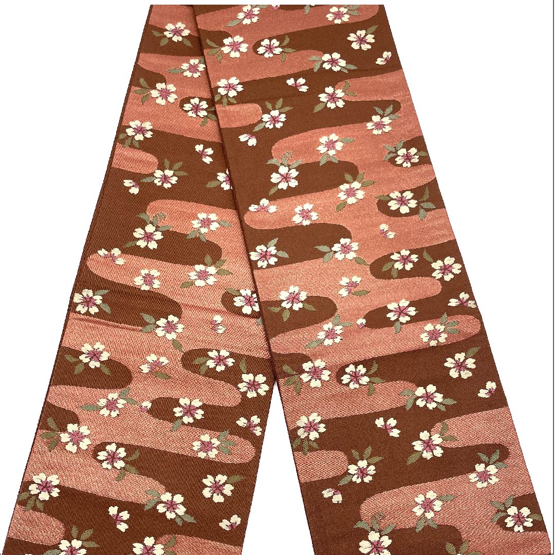 半幅帯 ポリエステル 褐色(かっしょく) 雲 桜 古典柄 帯丈374cm 茶系 Sランク 1125001072314