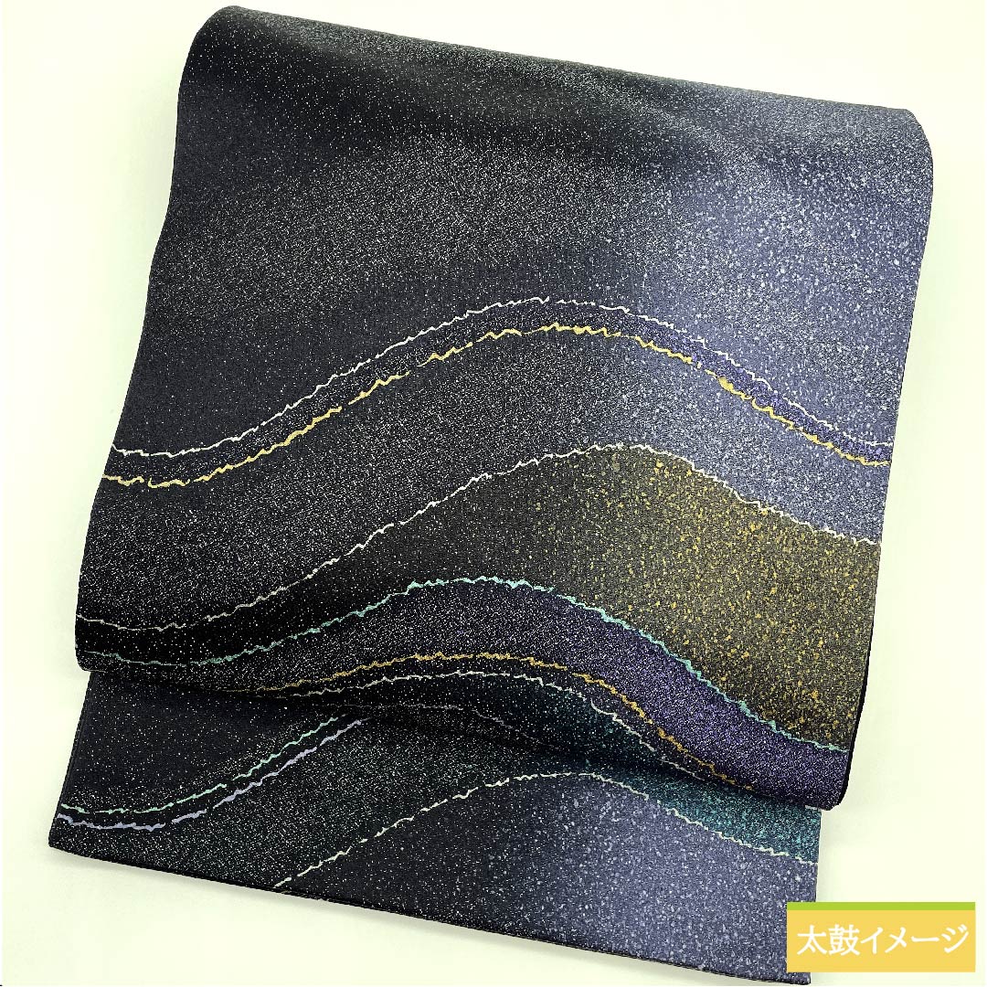 Fukuro Obi (Japanese traditional obi) made of pure silk, indigo blue, silver thread, abstract pattern, aurora, obi length 460cm, rank S, point pattern, semi-formal, navy blue, 1123010882418