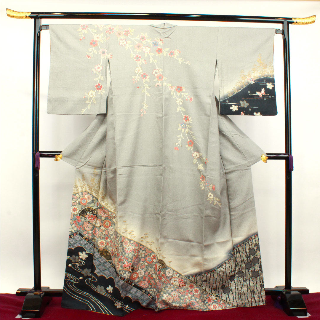Homongi, pure silk, lined, length 166cm, sleeve length 66cm, mercury color, Kyo-Yuzen, Tsujigahana, S rank, gray, 1112003062522