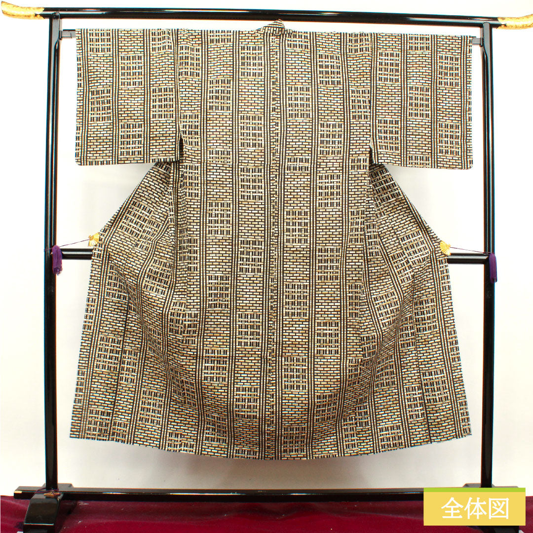 Men's Yukata Cotton, Length 147.5cm, Sleeve-to-shoulder 69cm, S Rank, Unlined, Beige, Tokyo Shiracha (Tokyo white tea color), Geometric pattern, Kansai Yamamoto 1118004942425