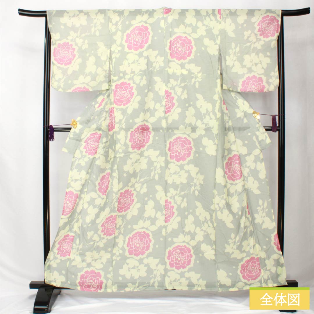 (Brand new, unused) Yukata (casual kimono) made of polyester, length 162.5cm, sleeve length 66.5cm, new rank, single layer, grayish-gray, light ink color (usuzumiiro), floral print, buttons, product number 1118005701422