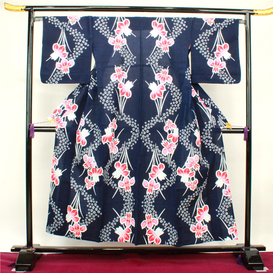 浴衣 濃紺色 菖蒲 木綿 Sランク 単衣 身丈152cm 裄丈67.5cm 紺系 1118002462218