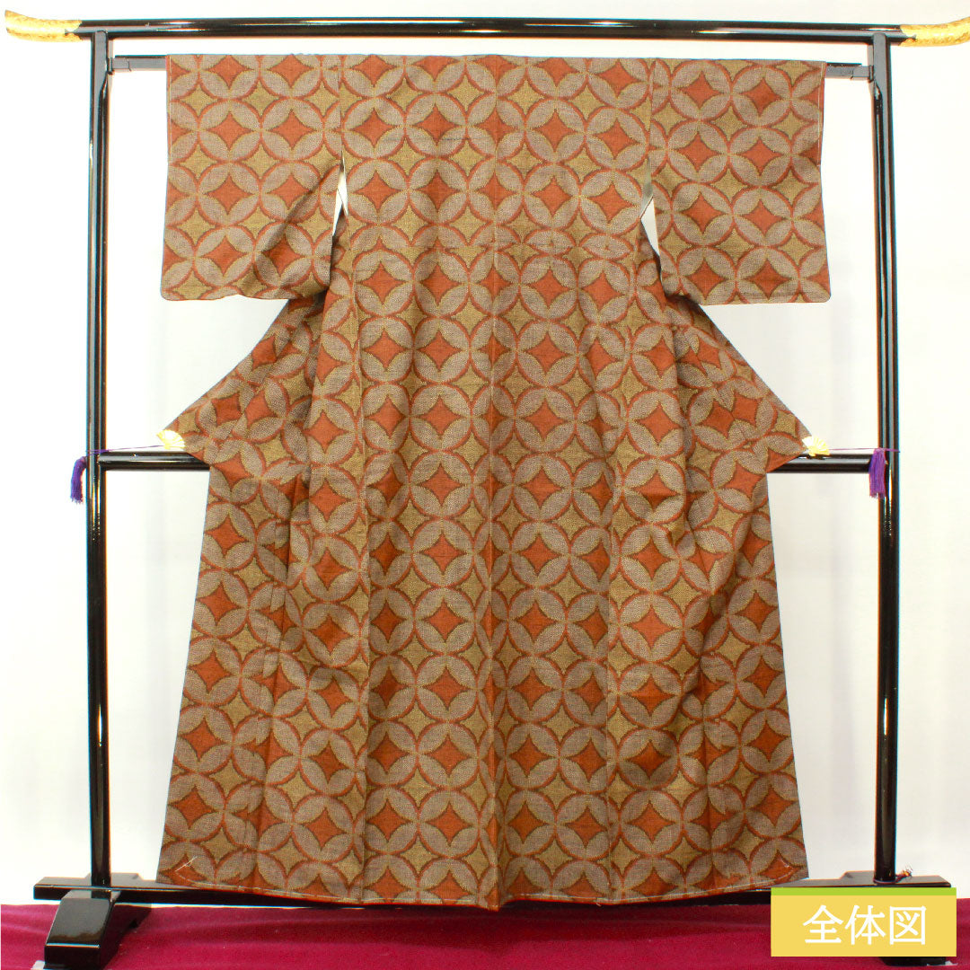 Tsumugi, pure silk, length 158cm, sleeve length 62.5cm, Shippo, A rank, lined, brown, 1116003543314